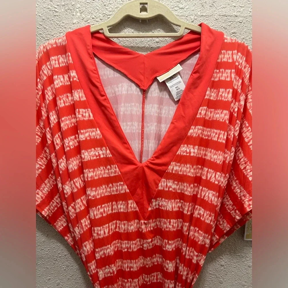Michael Kors Kytoto Stripe V-Neck Belted Tunic Cover-Up Sangria M/L NWT